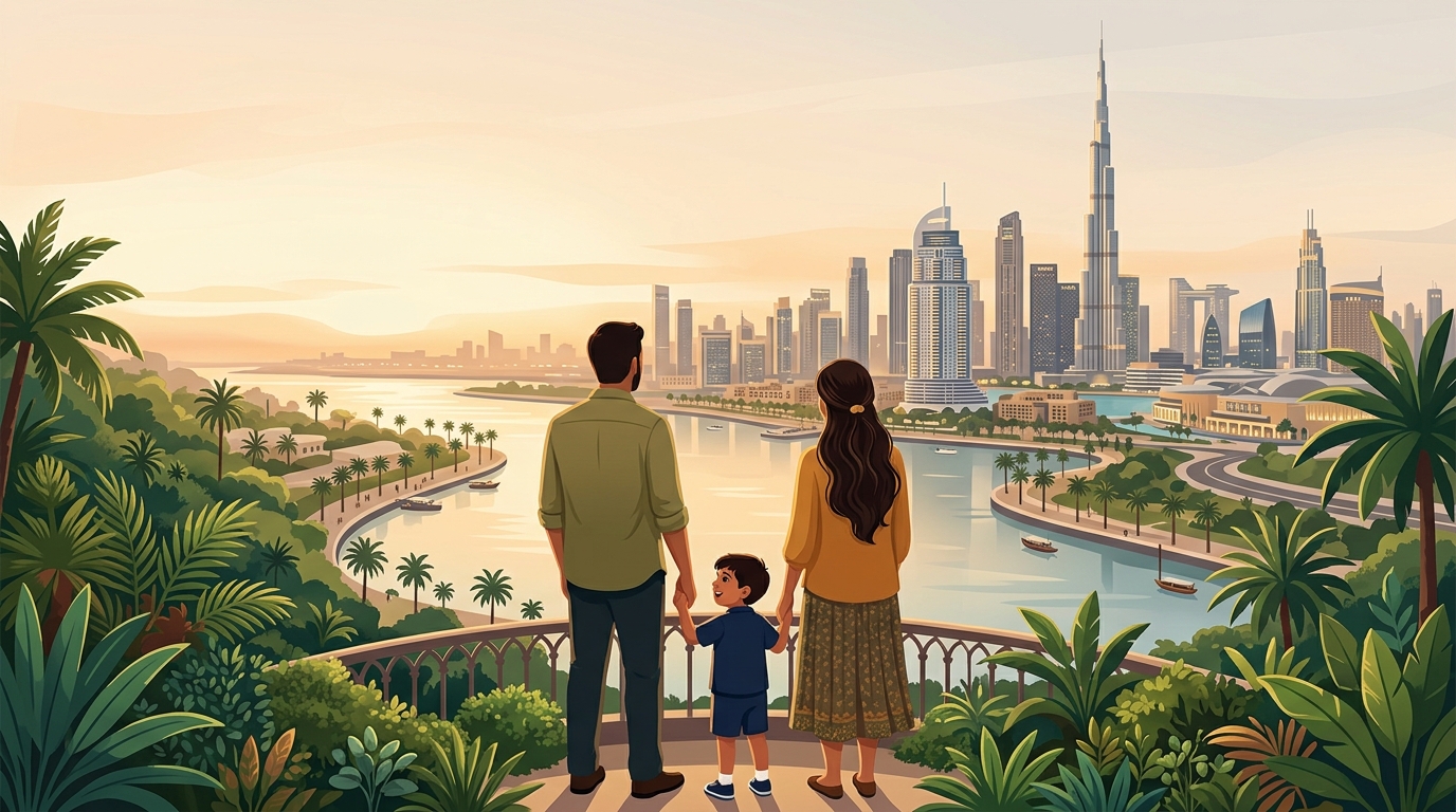 A family overlooking the Dubai skyline, looking toward a brighter future together